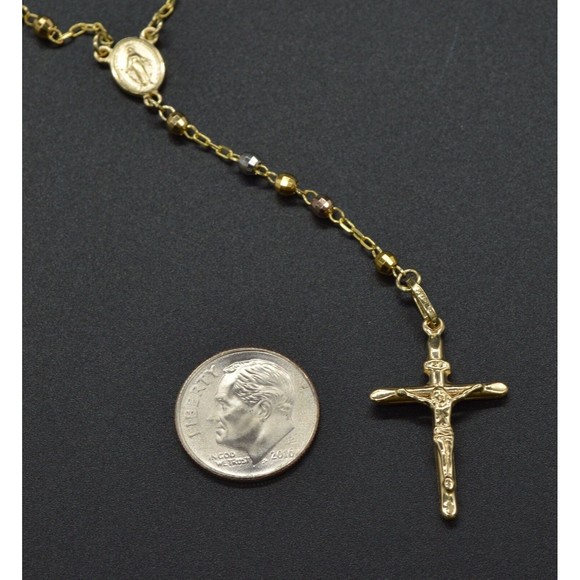 14k Solid Tr-iColor Gold Rosary Virgin Mary Jesus Cross Necklace 7.3 gr - Picture 3 of 5
